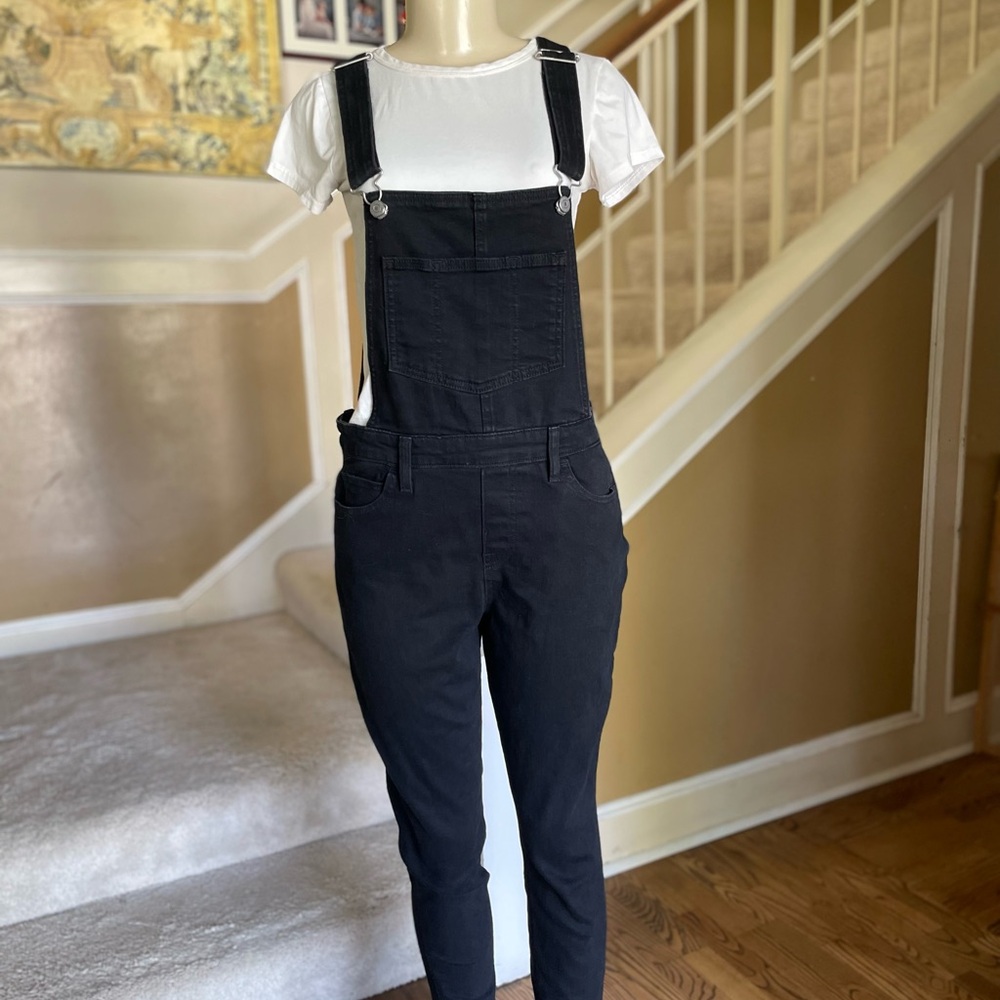 Levis Womens 31 Skinny Denim Jean Overalls High Rise Side Zip Black Stretch Bibs